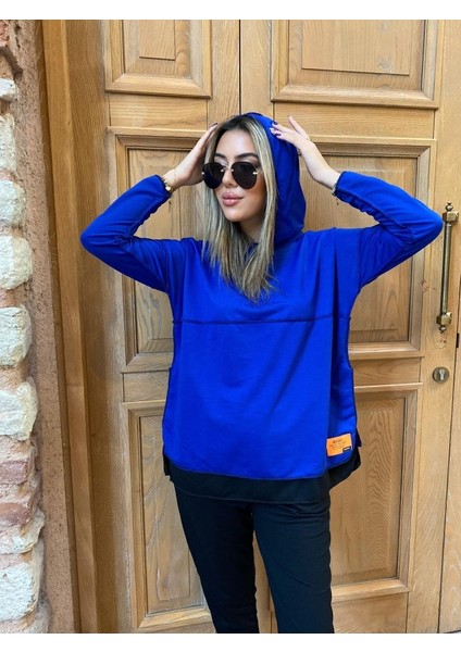 Kadın Mavi Kapüşonlu Garnili Iki Iplik Konfor Modeli Alt Üst Ikili Eşofman Takımı Tunik Tesettür