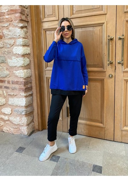Kadın Mavi Kapüşonlu Garnili Iki Iplik Konfor Modeli Alt Üst Ikili Eşofman Takımı Tunik Tesettür