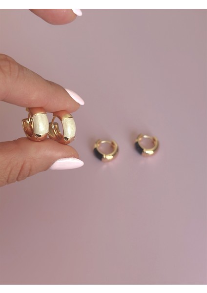 Rodyum Siyah-Beyaz Bombe Halka 14K Korumalı Altın Kaplama Soft Gold Küpeler