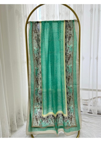 Retro Desen Pamuk Şal Su Yeşili