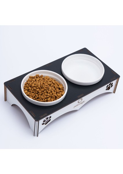 Şık Ahşap ve Seramik Kedi, Mini Irk Köpek Mama Kabı, Siyah Renk