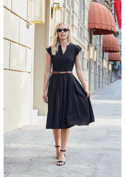 Kadın Ipeksi Modal Kumaş Hakim Yakalı Düşük Omuzlu Önden Fermuarlı Pilikaşeli Elbise(Deri Kemer Dahil)-Siyah fiyatları