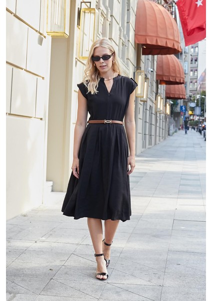 Kadın Ipeksi Modal Kumaş Hakim Yakalı Düşük Omuzlu Önden Fermuarlı Pilikaşeli Elbise(Deri Kemer Dahil)-Siyah modelleri