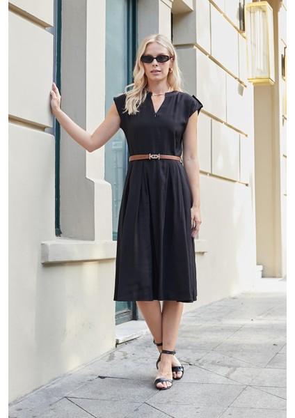 Kadın Ipeksi Modal Kumaş Hakim Yakalı Düşük Omuzlu Önden Fermuarlı Pilikaşeli Elbise(Deri Kemer Dahil)-Siyah indirimleri