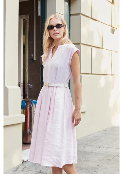 Kadın Ipeksi Modal Kumaş Hakim Yakalı Düşük Omuzlu Önden Fermuarlı Pilikaşeli Elbise(Deri Kemer Dahil)-Pembe indirimleri