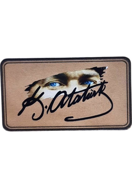 Atatürk Deri Peç - Arkası Cırtlı - 9 cm x 5 cm - Mavi Göz - Atatürk Imza - Leather Patch