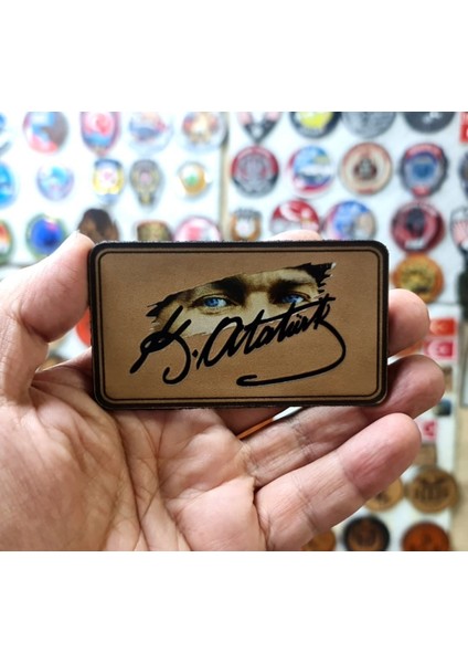 Atatürk Deri Peç - Arkası Cırtlı - 9 cm x 5 cm - Mavi Göz - Atatürk Imza - Leather Patch modelleri