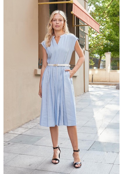 Kadın Ipeksi Modal Kumaş Hakim Yakalı Düşük Omuzlu Önden Fermuarlı Pilikaşeli Elbise(Deri Kemer Dahil)-Mavi