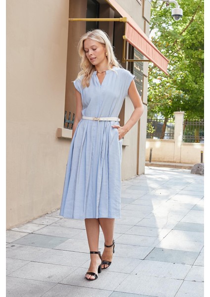 Kadın Ipeksi Modal Kumaş Hakim Yakalı Düşük Omuzlu Önden Fermuarlı Pilikaşeli Elbise(Deri Kemer Dahil)-Mavi fiyatları