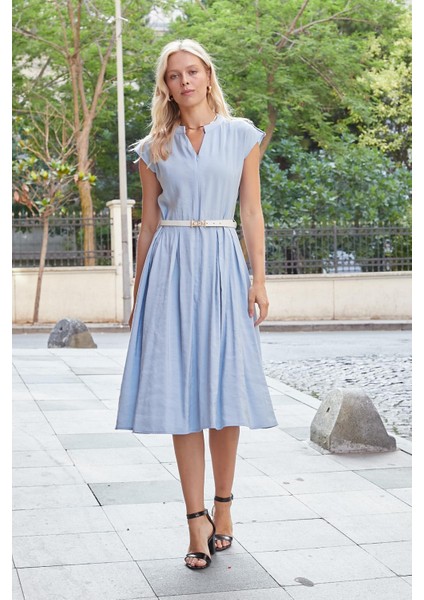 Kadın Ipeksi Modal Kumaş Hakim Yakalı Düşük Omuzlu Önden Fermuarlı Pilikaşeli Elbise(Deri Kemer Dahil)-Mavi modelleri
