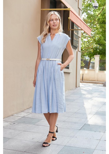 Kadın Ipeksi Modal Kumaş Hakim Yakalı Düşük Omuzlu Önden Fermuarlı Pilikaşeli Elbise(Deri Kemer Dahil)-Mavi fırsatları