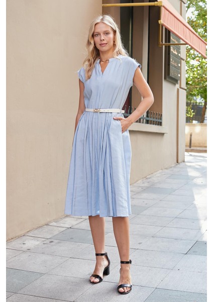 Kadın Ipeksi Modal Kumaş Hakim Yakalı Düşük Omuzlu Önden Fermuarlı Pilikaşeli Elbise(Deri Kemer Dahil)-Mavi indirimleri