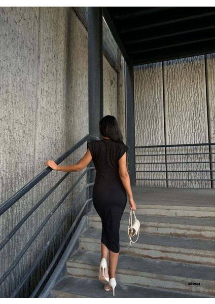 Dik Yaka Omzu Vatkalı Midi Boy Fitted/vücuda Oturan Drapeli Broş Detaylı Elbise Abiye Gece Elbisesi fırsatları