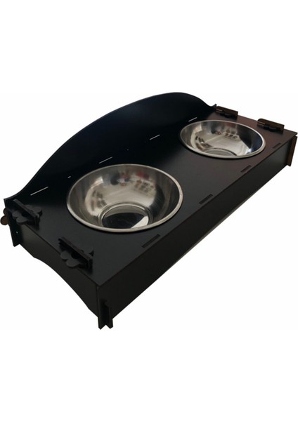 2'li Ahşap Metal Kedi Köpek Yemek ve Su Kabı Siyah