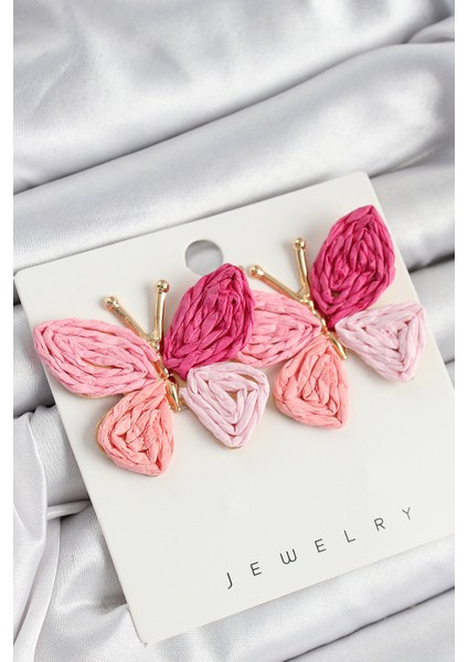 Pirinç Pembe Kelebek Model Gold Renk Kadın Hasır Küpe