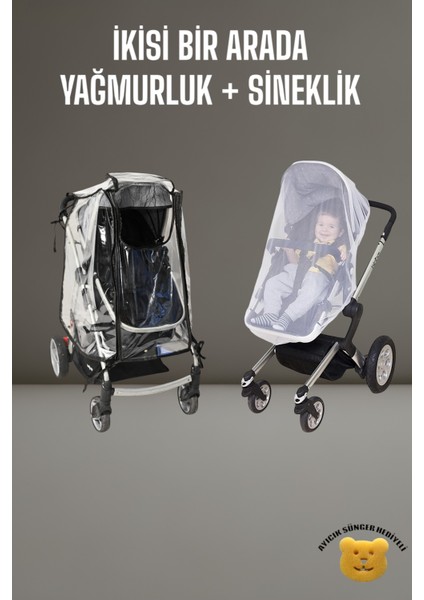 2 Si Bir Arada Lüx Fermuarlı Bebek Arabası Yağmurluğu + Puset Sinekliği Tüm Bebek Arabalarına Uyumludur