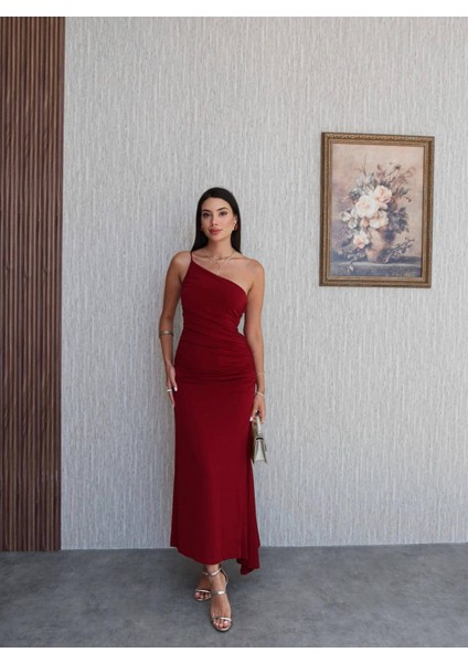 Tek Omuz Ip Askı Büzgülü Elbise