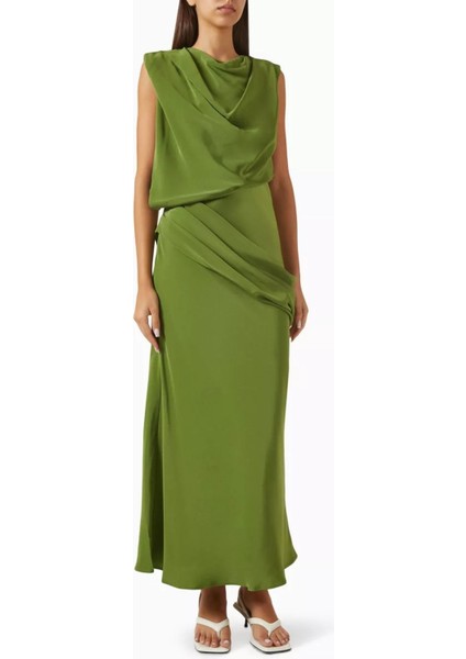 Woodline Drapeli Maksi Elbise, Fern Green