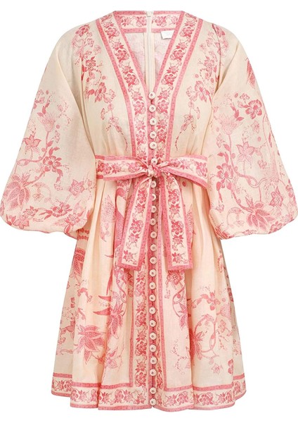 Lucky Plunge Mini Elbise V Yaka, Keten, Çiçek Desenli Yaz Stili