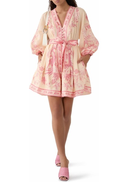 Lucky Plunge Mini Elbise V Yaka, Keten, Çiçek Desenli Yaz Stili fiyatları