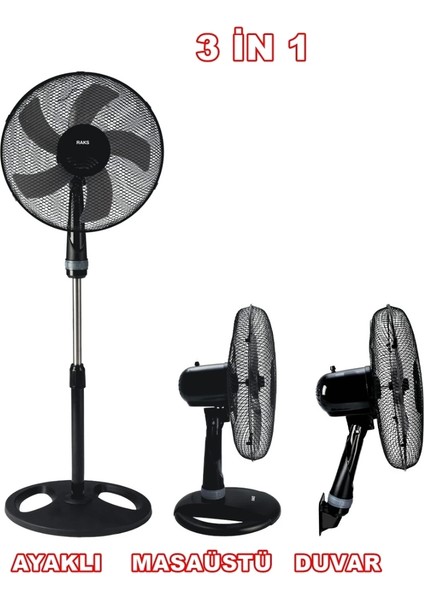 16INÇ / 40CM 55W 3 Ü 1 Arada Ayaklı - Duvar ve Masa Tipi Vantilatör 3 Kademe 220V