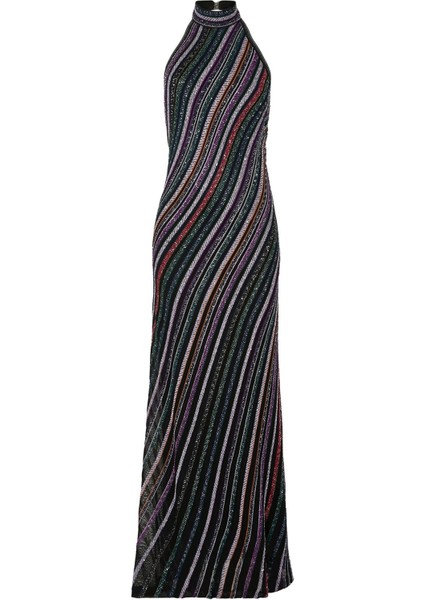 Çizgili Payetli Triko Maksi Elbise Slim Kesim