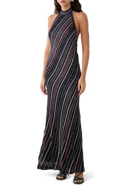 Çizgili Payetli Triko Maksi Elbise Slim Kesim fiyatları