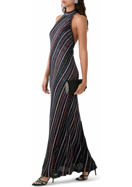 Çizgili Payetli Triko Maksi Elbise Slim Kesim fırsatları