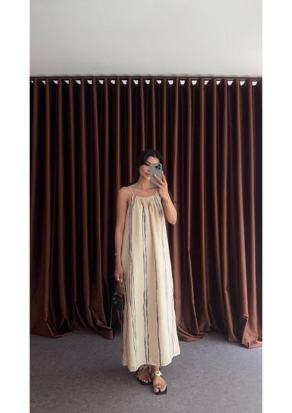 Soluk Antrasit Çizgili Ip Askı Elbise