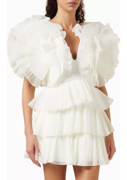Spenmoss Pleated Mini Elbise, Beyaz Kırpıklı Tasarım