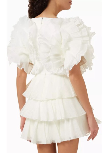 Spenmoss Pleated Mini Elbise, Beyaz Kırpıklı Tasarım