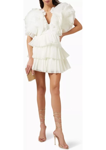 Spenmoss Pleated Mini Elbise, Beyaz Kırpıklı Tasarım