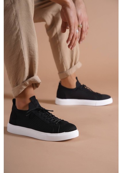 J112 Bağcıklı Ortopedik Taban Triko Erkek Spor Sneaker Ayakkabı Bt Siyah