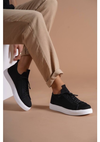 J112 Bağcıklı Ortopedik Taban Triko Erkek Spor Sneaker Ayakkabı Bt Siyah modelleri