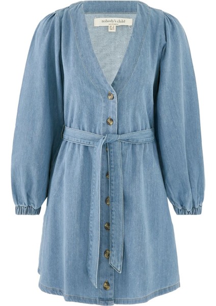 Denim Nolan Mini Elbise, Uzun Kollu, Kuşaklı, %100 Pamuk Günlük Şıklık