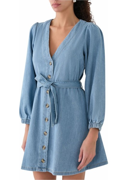 Denim Nolan Mini Elbise, Uzun Kollu, Kuşaklı, %100 Pamuk Günlük Şıklık fiyatları