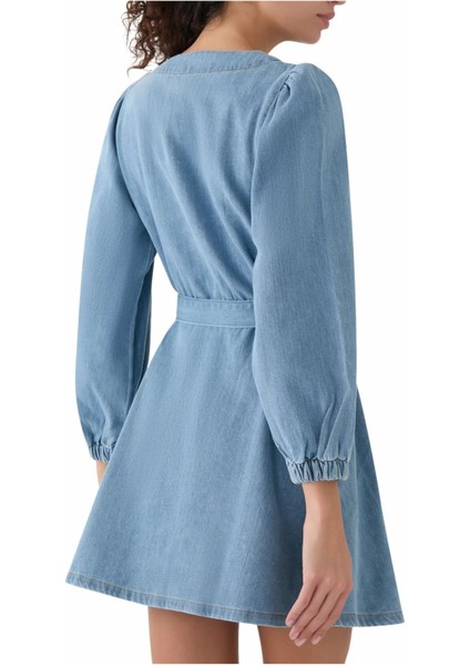 Denim Nolan Mini Elbise, Uzun Kollu, Kuşaklı, %100 Pamuk Günlük Şıklık modelleri