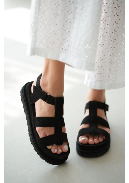 Eva Hafif Taban Rahat Cırtlı Kadın Sandalet Siyah