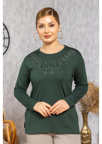 Yeni Model Taş Işlemeli Yuvarlak Yaka Likralı Anne Penye Bluz 6420
