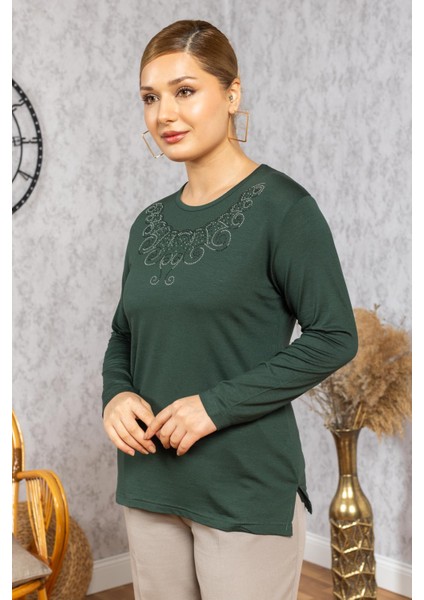 Yeni Model Taş Işlemeli Yuvarlak Yaka Likralı Anne Penye Bluz 6420 fırsatları