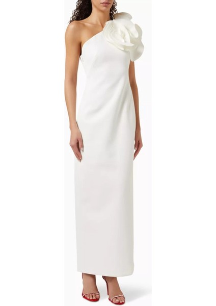 Wynyard Tek Omuzlu Maxi Elbise, Beyaz Rozet Detaylı