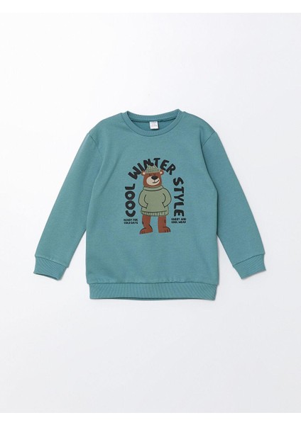 Yeşil Bisiklet Yaka Kalın Baskılı Erkek Bebek Sweatshirt