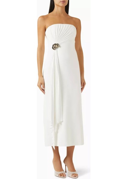 Whitnell Drapeli Midi Elbise, Ivory Renk, Zarif Tasarım