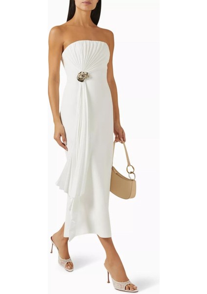 Whitnell Drapeli Midi Elbise, Ivory Renk, Zarif Tasarım modelleri