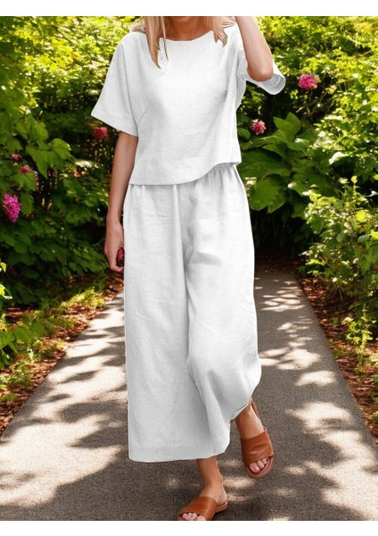 Beli Lastikli Keten Kadın Takım Alt Üst