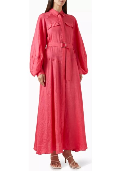 Pennarly Pembe Kemerli Midi Elbise, Linen Karışımlı Şık Tasarım