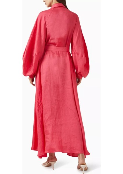 Pennarly Pembe Kemerli Midi Elbise, Linen Karışımlı Şık Tasarım fiyatları
