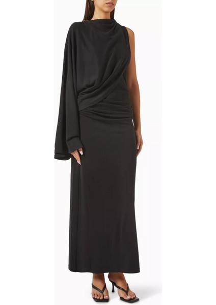 Odder Midi Dress, Siyah Drapeli Elbise