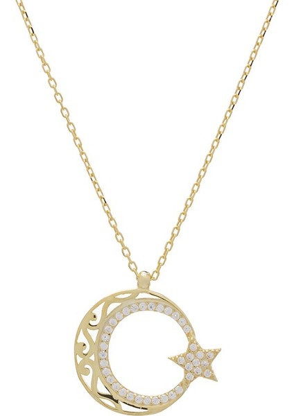 Ayyıldız Zirkon Taşlı Otantik Desenli Gold Rengi 925 Ayar Gümüş Kadın Kolye
