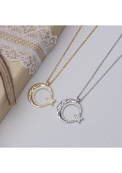 Ayyıldız Zirkon Taşlı Otantik Desenli Gold Rengi 925 Ayar Gümüş Kadın Kolye fırsatları